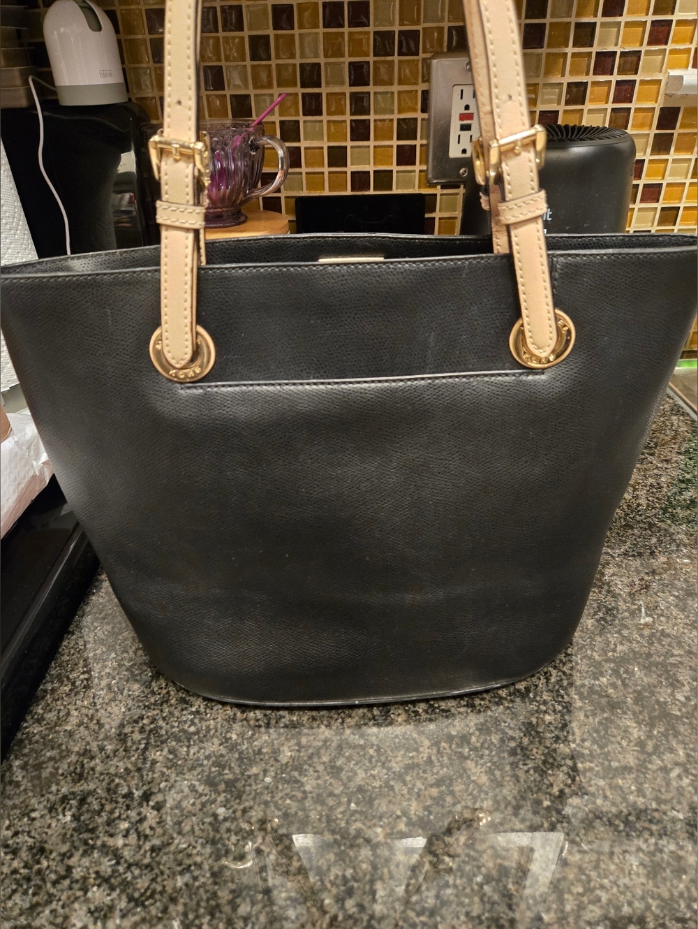 Michael Kors Black Tote Bag with Tan Straps - Picture 2 of 6